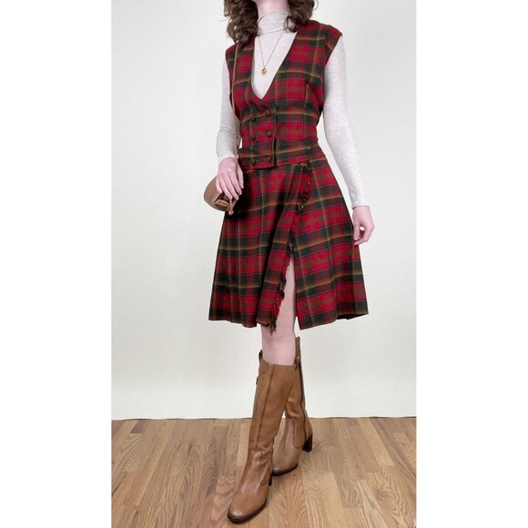 Vintage Handmade Matching Midi Skirt Vest Set Suit Plaid Wool Fall Octoberfest - Picture 2 of 7